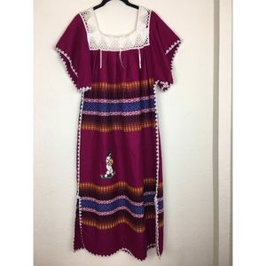 Mexican Puebla Embroidered Dress Magenta Pink L